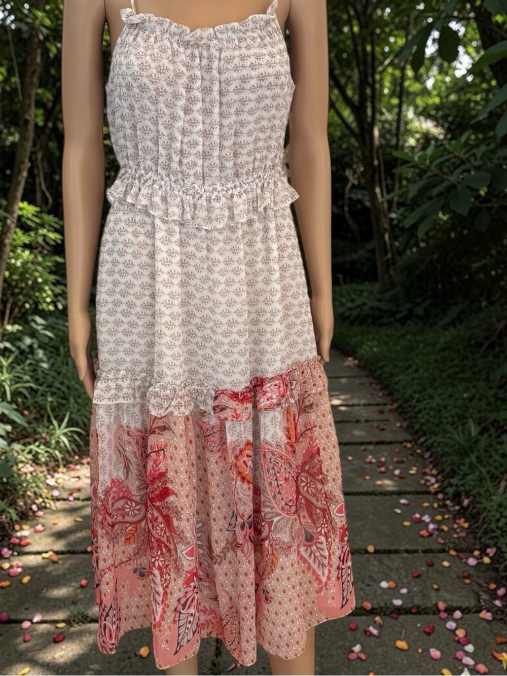 Misa Los Angeles Cream and Coral Tiered Boho Midi Dress